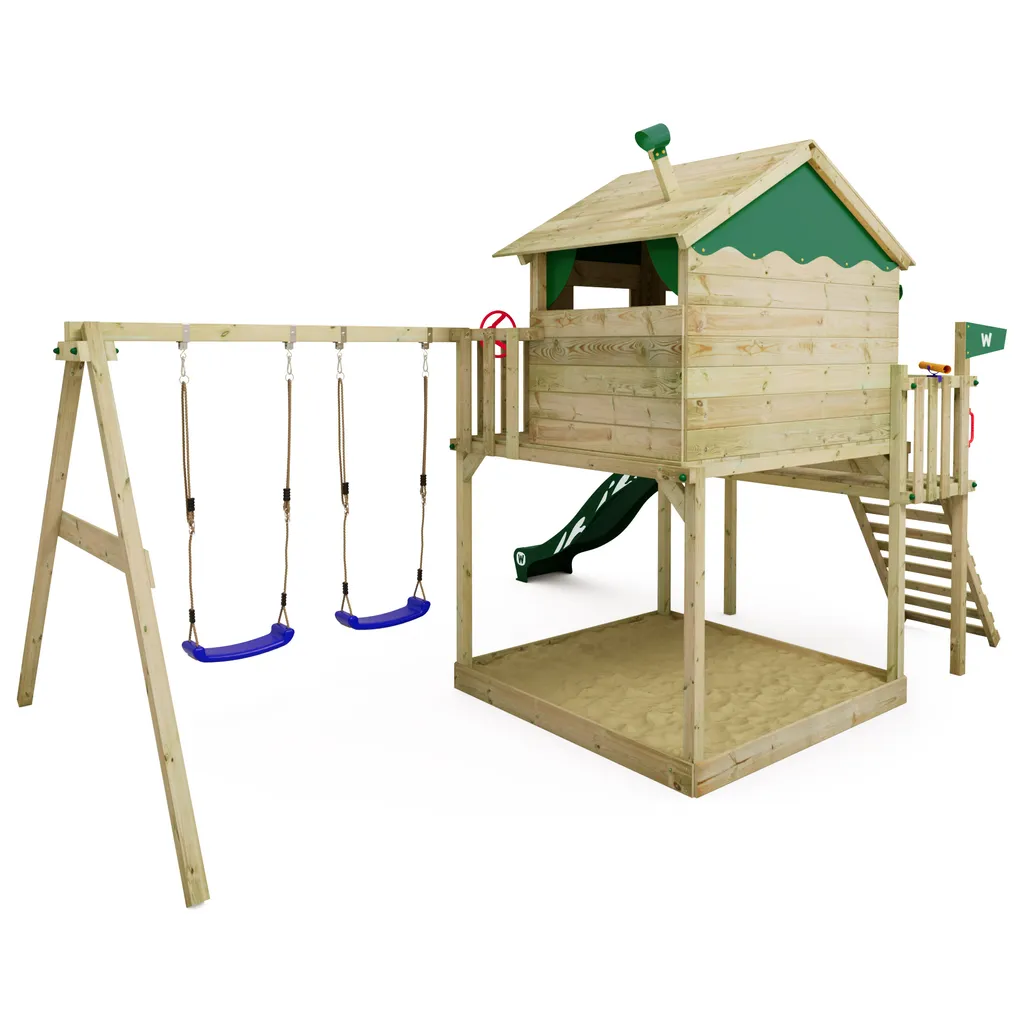 WICKEY Spielturm Klettergerüst Smart Coast Mit Schaukel & Rutsche, Stelzenhaus Mit Sandkasten, Kletterleiter & Spiel-Zubehör - Grün 4 WICKEY Spielturm Klettergerüst Smart Coast Mit Schaukel & Rutsche, Stelzenhaus Mit Sandkasten, Kletterleiter & Spiel-Zubehör - Grün – Bild 2