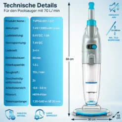 Tillvex Poolsauger Mit Akku Und 3,6 M Teleskopstange - Bis Zu 15 M³ | Pool Bodensauger Elektrisch | Poolreiniger Mit Filter & 2-Geschwindigkeits-System | Handsauger Reinigungsset Kabellos -Bestintex Geschaft c2d085ce70d1b421e34cb39210246bf0