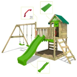 FATMOOSE Spielturm Klettergerüst JazzyJungle Mit Schaukel & Rutsche, Spielhaus Mit Sandkasten, Leiter & Spiel-Zubehör - Grün -Bestintex Geschaft c4ce7172a80a2e0aefa0fa12da314b87