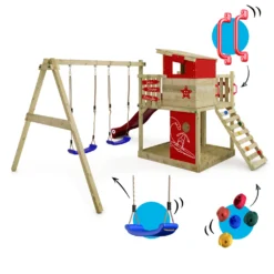 WICKEY Spielturm Klettergerüst Smart Camp Mit Schaukel & Rutsche, Baumhaus Mit Sandkasten, Kletterleiter & Spiel-Zubehör - Rot -Bestintex Geschaft c8937e57db9bd54400f1e0b1b99ff222