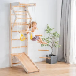 Merax 6-in-1 Multifunktions Kletterspielzeug Set Inkl. Rutsche Schaukel Klettergerüst Klimmzugsbereich Ringe Jungle Gym-Set, Indoor KlettergerüstSprossenwand Für Kinder, Massivholz, Natur