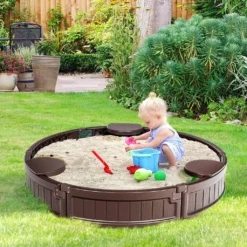 COSTWAY Ø120cm Sandbox Rund, Sandkasten Mit Wasserdichter Abdeckung Und Bodenauskleidung, Outdoor Sandkiste Platz Für 3 Kinder