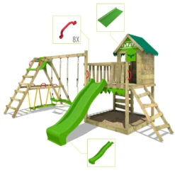 FATMOOSE Spielturm Klettergerüst JazzyJungle Mit Schaukel SurfSwing & Rutsche, Spielhaus Mit Sandkasten, Leiter & Spiel-Zubehör - Apfelgrün -Bestintex Geschaft d89655c70c5b87a71ed53237bac9d26d