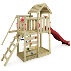 WICKEY Spielturm Klettergerüst MultiFlyer Holzdach Mit Schaukel & Rutsche, Kletterturm Mit Holzdach, Sandkasten, Leiter & Spiel-Zubehör - Rot -Bestintex Geschaft e6032c4764ff8525113503520fe4bff3