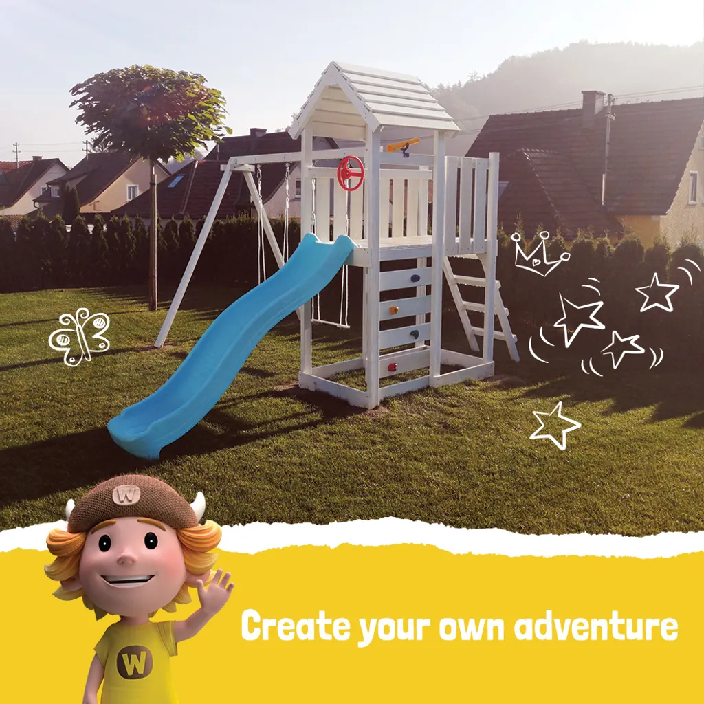 WICKEY Spielturm Klettergerüst MultiFlyer Holzdach Mit Schaukel & Rutsche, Kletterturm Mit Holzdach, Sandkasten, Leiter & Spiel-Zubehör - Violett 5 WICKEY Spielturm Klettergerüst MultiFlyer Holzdach Mit Schaukel & Rutsche, Kletterturm Mit Holzdach, Sandkasten, Leiter & Spiel-Zubehör - Violett – Bild 3