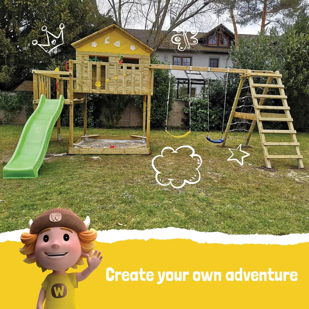 WICKEY Spielturm Klettergerüst Smart Ocean Mit Schaukel & Rutsche, Stelzenhaus Mit Sandkasten, Kletterleiter & Spiel-Zubehör - Blau 5 WICKEY Spielturm Klettergerüst Smart Ocean Mit Schaukel & Rutsche, Stelzenhaus Mit Sandkasten, Kletterleiter & Spiel-Zubehör - Blau – Bild 3