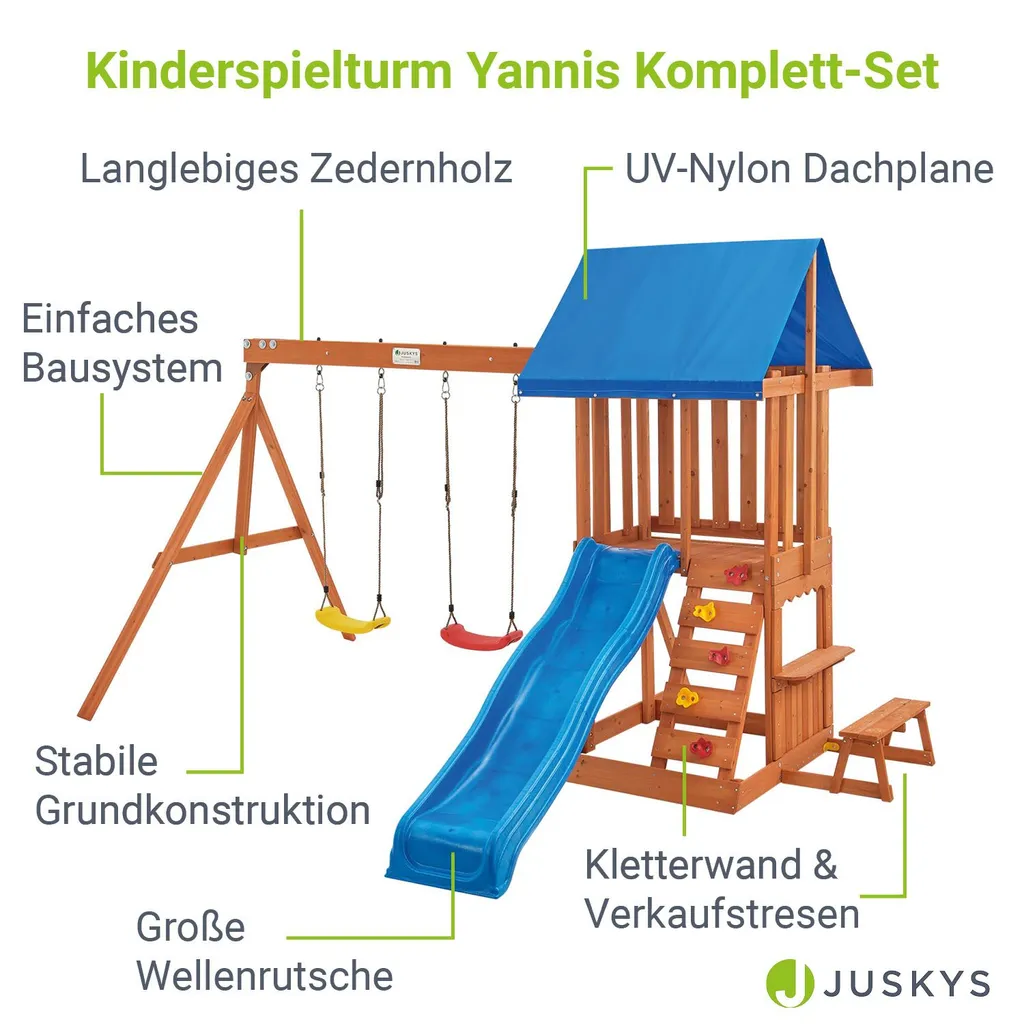 Juskys Spielturm Yannis – Klettergerüst Für Kinder Mit Rutsche, Schaukeln, Kletterwand & Zubehör – Kletterturm Für Outdoor Aus Holz Ab 3 Jahren 5 Juskys Spielturm Yannis – Klettergerüst Für Kinder Mit Rutsche, Schaukeln, Kletterwand & Zubehör – Kletterturm Für Outdoor Aus Holz Ab 3 Jahren – Bild 3