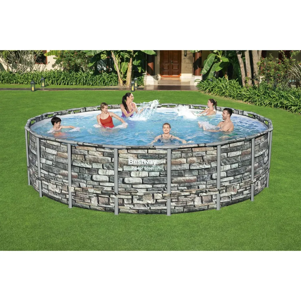 Bestway® Power Steel™ Aufstellpool Komplett-Set Mit Filterpumpe Ø 549 X 132 Cm Steinwand-Optik (Naturstein), Rund 4 Bestway® Power Steel™ Aufstellpool Komplett-Set Mit Filterpumpe Ø 549 X 132 Cm Steinwand-Optik (Naturstein), Rund – Bild 2