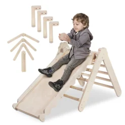 MAMOI® Klettergerüst Indoor, Kletterdreieck Mit Rutsche Aus Holz, Baby Kinder Klettern, Kletterturm Mit Rutschbrett, Kletterbogen Mit Kinderrutsche, Holzbogen Für Spielplatz Ab 1/2/3 Jahre