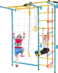 COSTWAY 7in1 Kinder Kletterwand Mit Netz, Sprossenwand Metall, Turnwand Gymnastikgerät 197,5x83,5x223cm, Klettergerüst Heimsportgerät Für Kinder Und Erwachsener