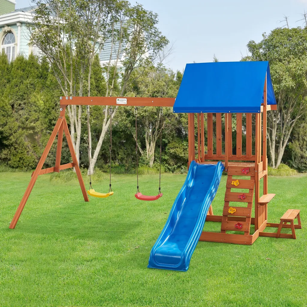 Juskys Spielturm Yannis – Klettergerüst Für Kinder Mit Rutsche, Schaukeln, Kletterwand & Zubehör – Kletterturm Für Outdoor Aus Holz Ab 3 Jahren 4 Juskys Spielturm Yannis – Klettergerüst Für Kinder Mit Rutsche, Schaukeln, Kletterwand & Zubehör – Kletterturm Für Outdoor Aus Holz Ab 3 Jahren – Bild 2