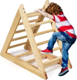 COSTWAY Kletterdreieck Aus Holz, Klettergeruest Fuer Kleinkinder Ab 3 Jahren, Zur Entwicklung Grobmotorischer Faehigkeiten, Natur