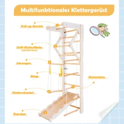 Merax 6-in-1 Multifunktions Kletterspielzeug Set Inkl. Rutsche Schaukel Klettergerüst Klimmzugsbereich Ringe Jungle Gym-Set, Indoor KlettergerüstSprossenwand Für Kinder, Massivholz, Natur -Bestintex Geschaft f61cb5b79207728a5b4071a052913b8c