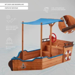 HOME DELUXE - Sandkasten MATSCHEKISTE - 160 X 78 X 103 Cm - , Piratenschiff, Sandkiste Mit Sonnendach, Aufklappbare Sitzbank, Spielzeug -Bestintex Geschaft f658b3bc79d49c7440e7a68dca9413f1