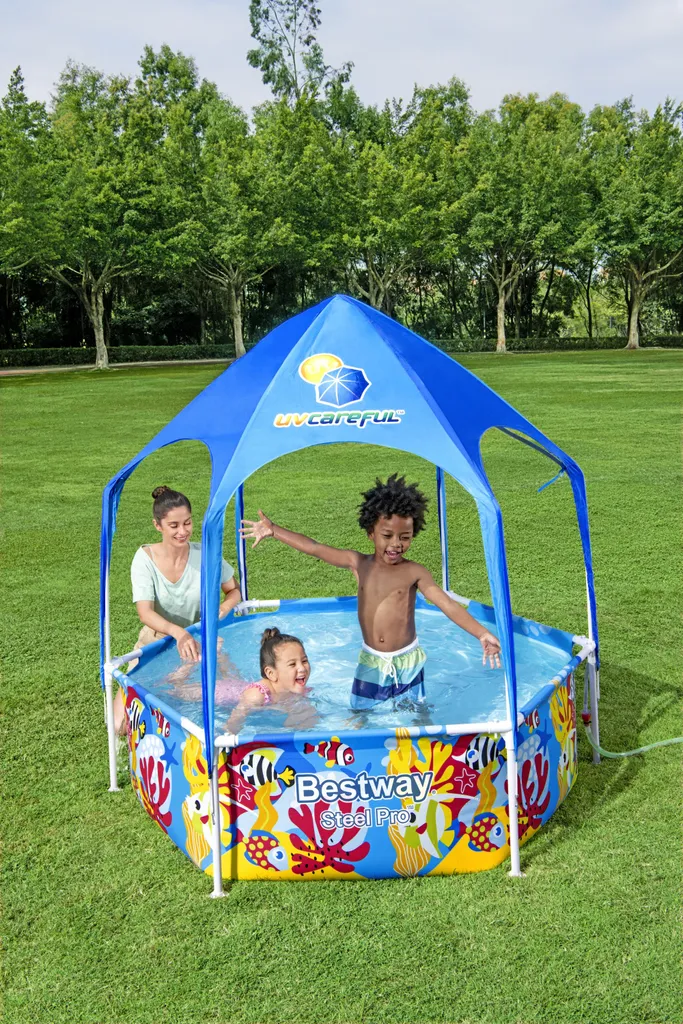 Bestway® Steel Pro™ Aufstellpool Mit Sonnenschutzdach "Splash-in-Shade" Ohne Pumpe Ø 183 X 51 Cm, Buntes Unterwasser-Design, Rund 8 Bestway® Steel Pro™ Aufstellpool Mit Sonnenschutzdach "Splash-in-Shade" Ohne Pumpe Ø 183 X 51 Cm, Buntes Unterwasser-Design, Rund – Bild 6
