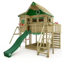 WICKEY Stelzenhaus Smart GreenHouse Mit Schaukel & Rutsche,integriertem Sandkasten Und Großem Spielhaus Mit Massiver Treppe Mit Handlauf, Fenstern, Rollos Und Blumenkasten - Grün